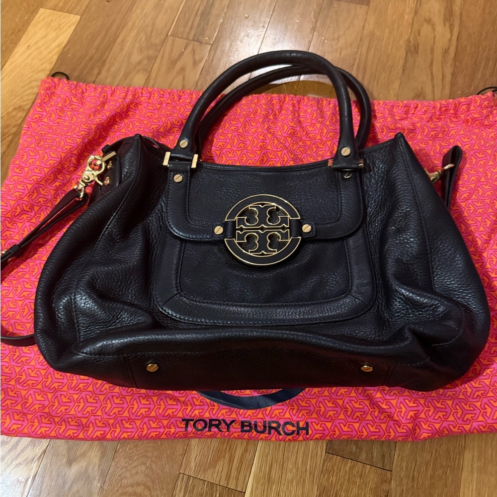 Tory Burch Navy Leather Shoulder Bag with Gold Accents
